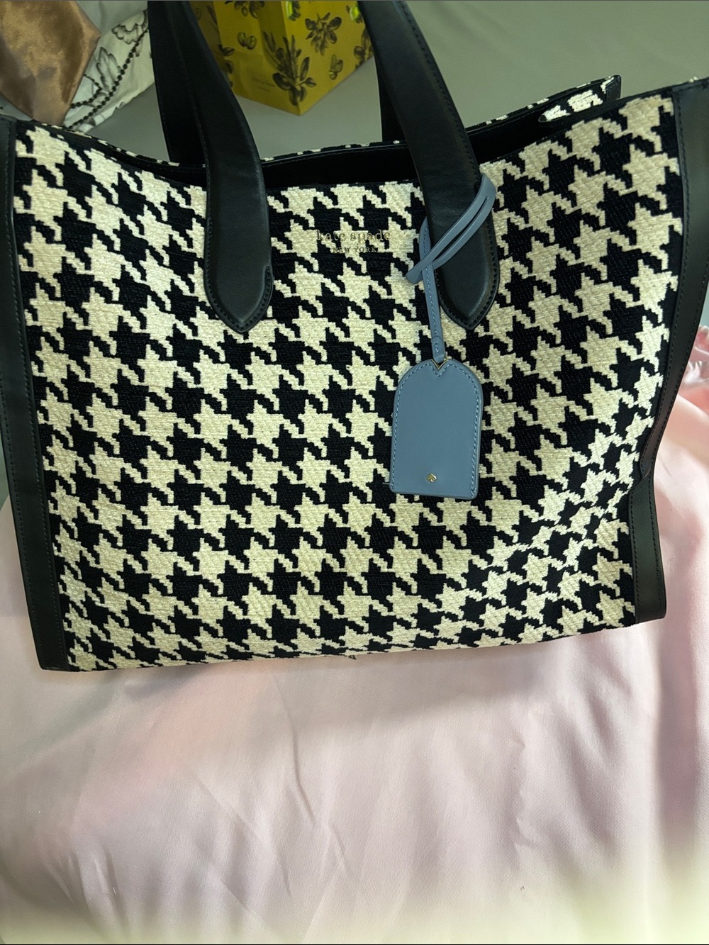 kate spade Black & White Houndstooth Tote with Blue Tag